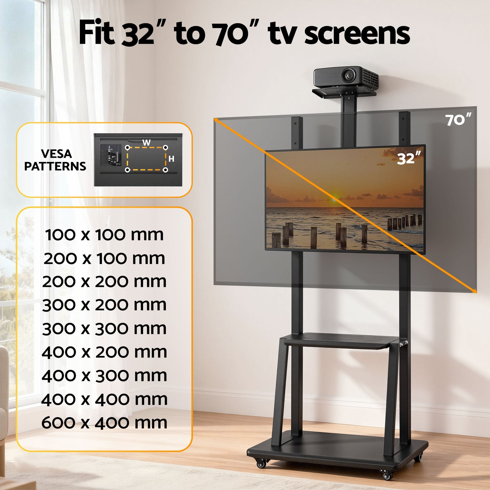 Mobile black TV stand with VESA mount and two-tier shelving for TV screens
