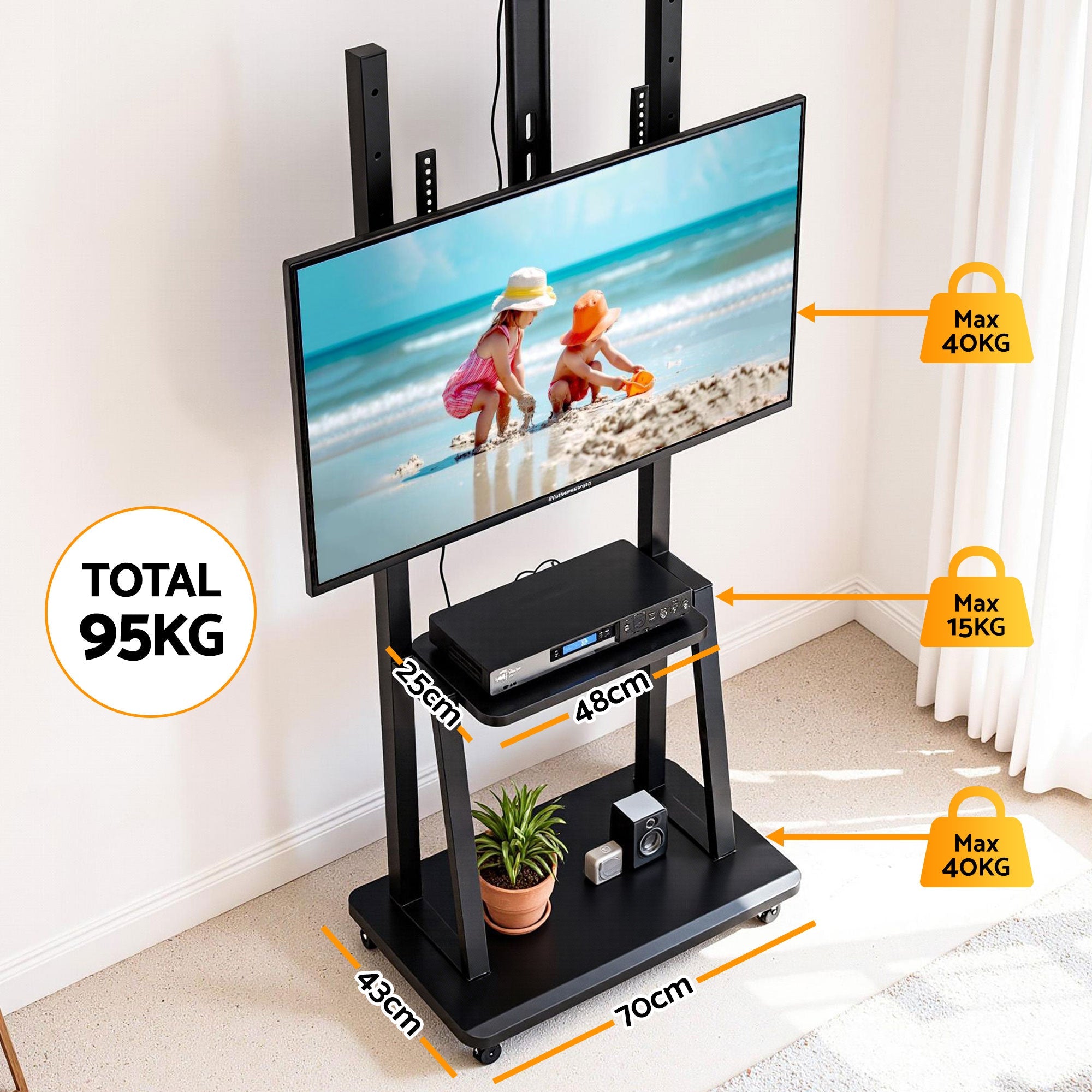 Black rolling TV stand with dual shelves, VESA mount, and weight limit display