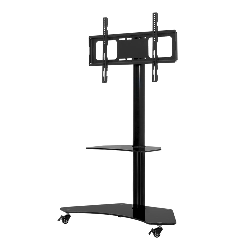 Black TV wall-mount stand with VESA arms and central support pole