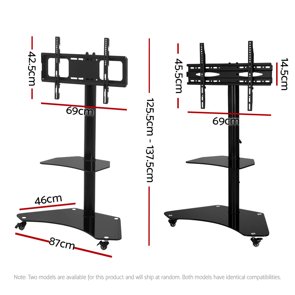 Mobile TV stand with size dimensions shown on height and base width