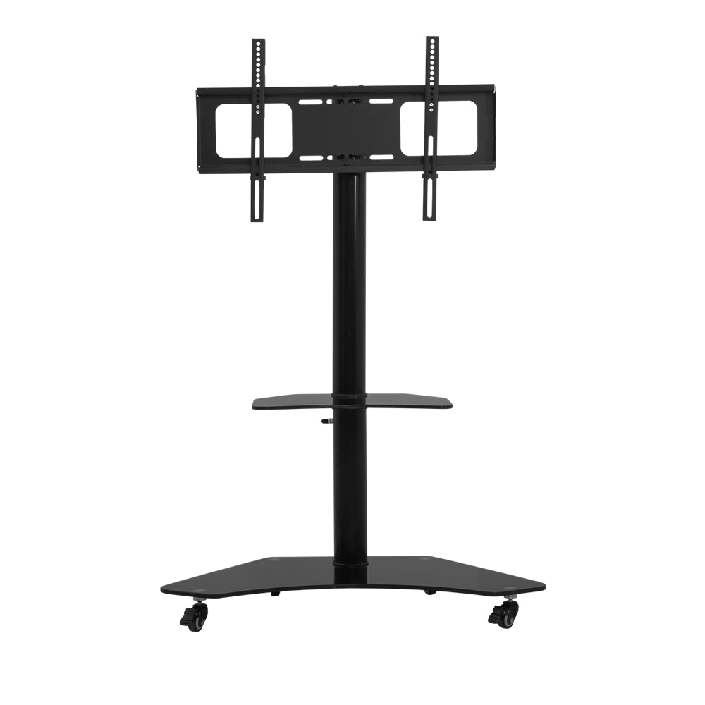 Black mobile TV stand with dual shelves, VESA mount, and four caster wheels