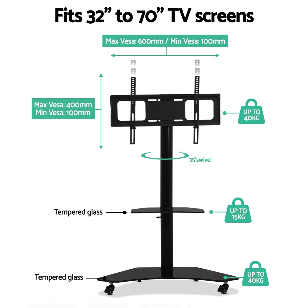 TV stand compatibility diagram: fits 32 to 70 inch screens, up to 40kg