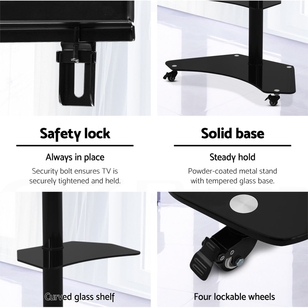 TV stand safety features: safety lock, curved glass shelf, and four lockable wheels