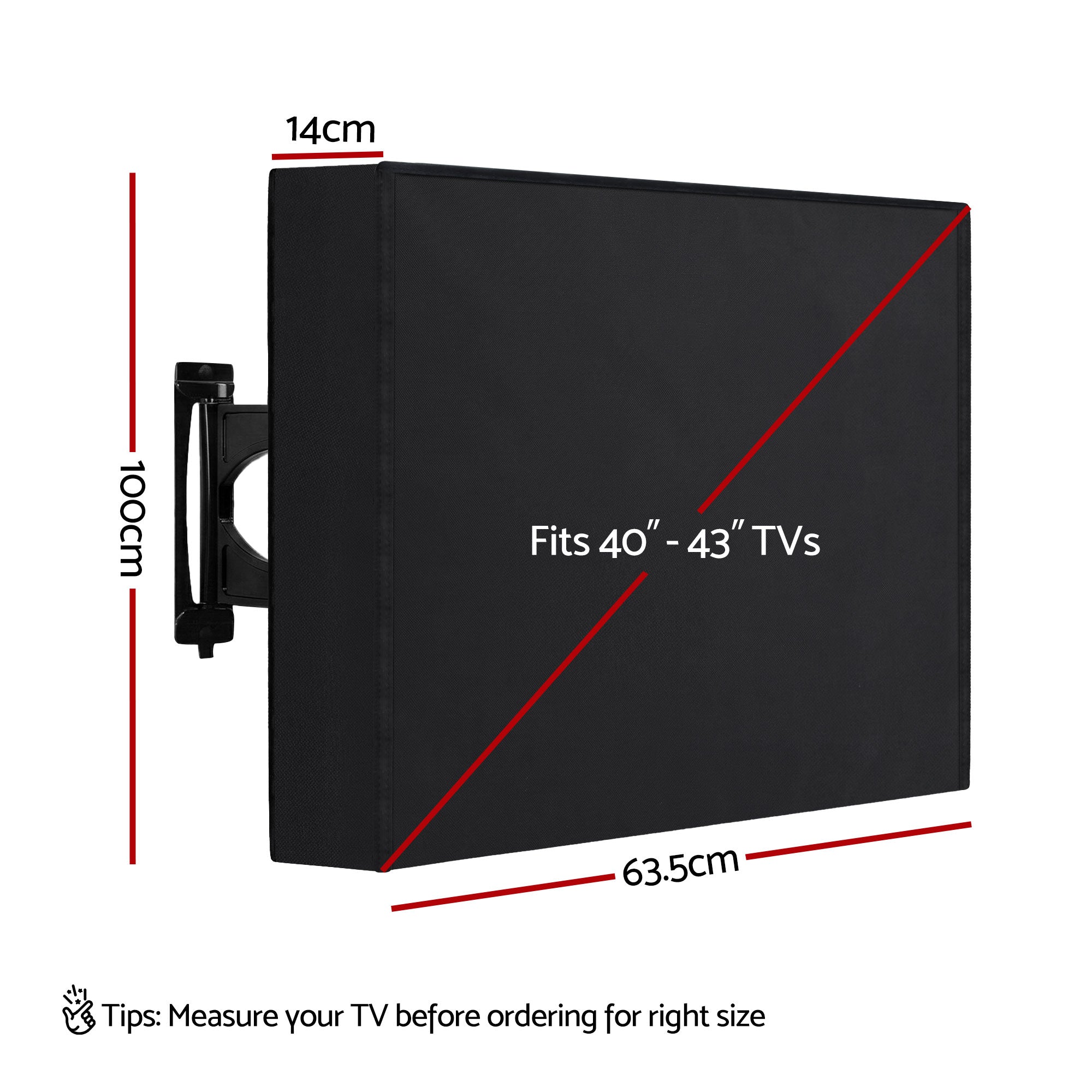 Artiss waterproof TV cover, black fitted cover with arm opening and reinforced edges.