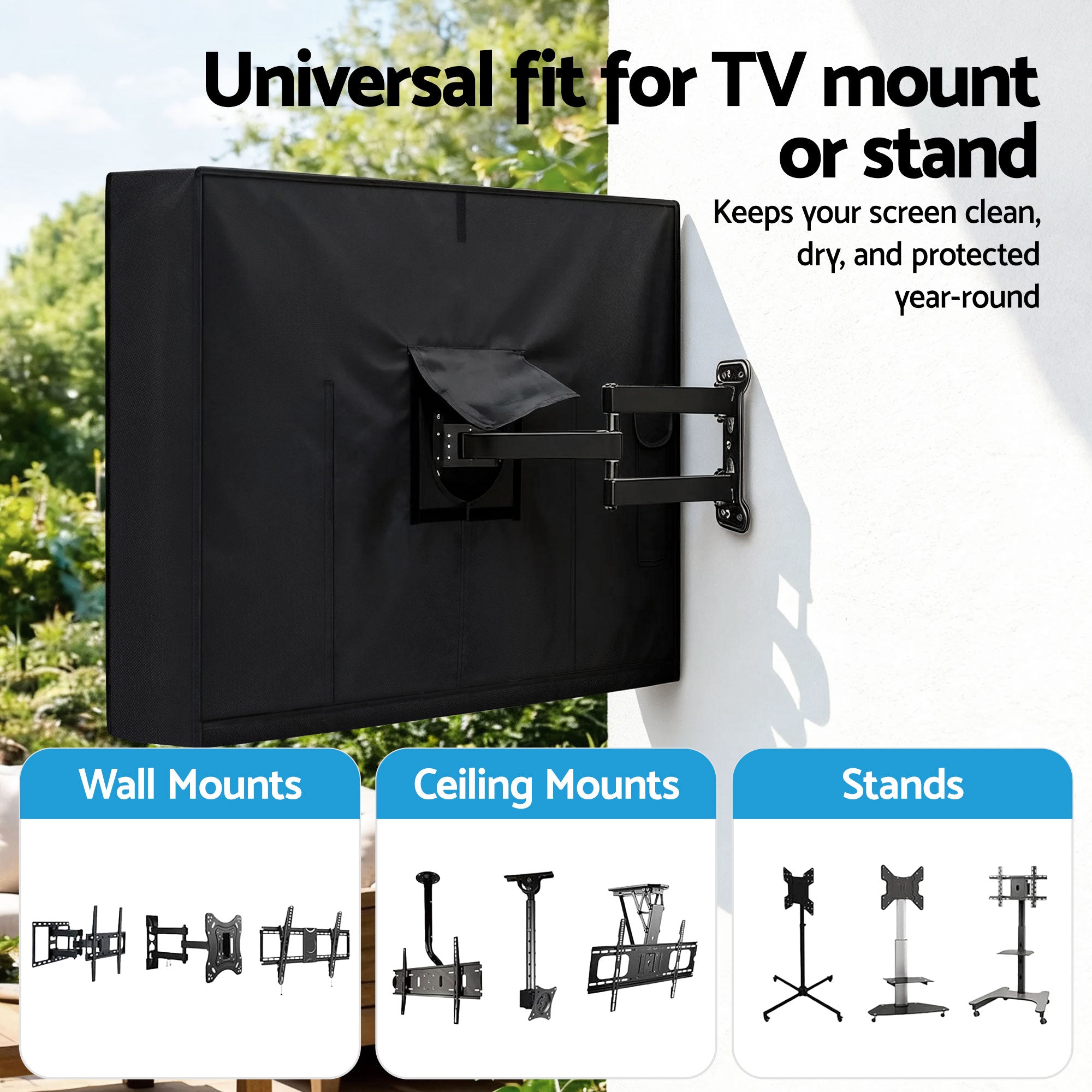 Artiss outdoor TV cover, black with mounting bracket cover and secured front flap.