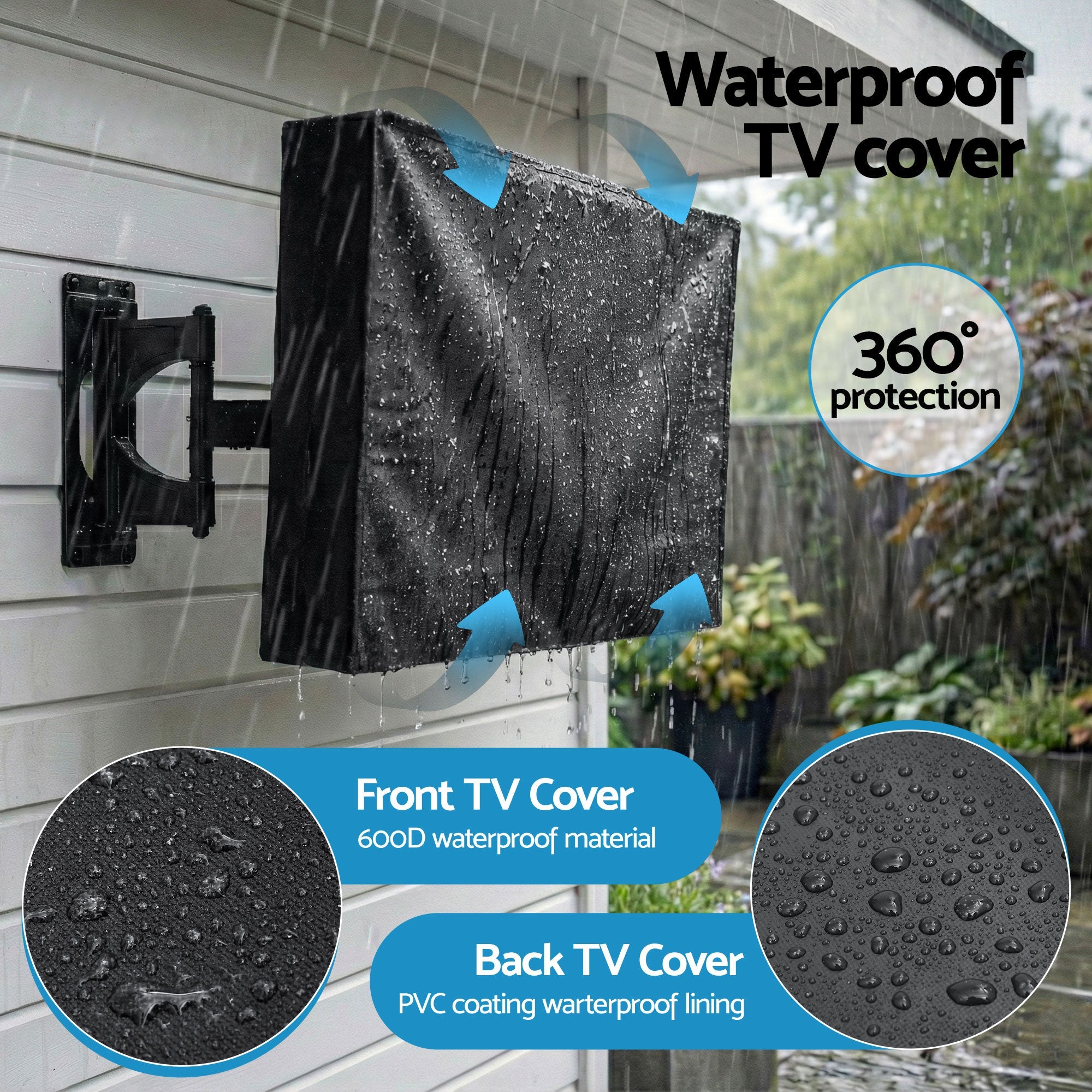 Artiss waterproof TV cover on wall mount, black cover with front flap and water resistance.