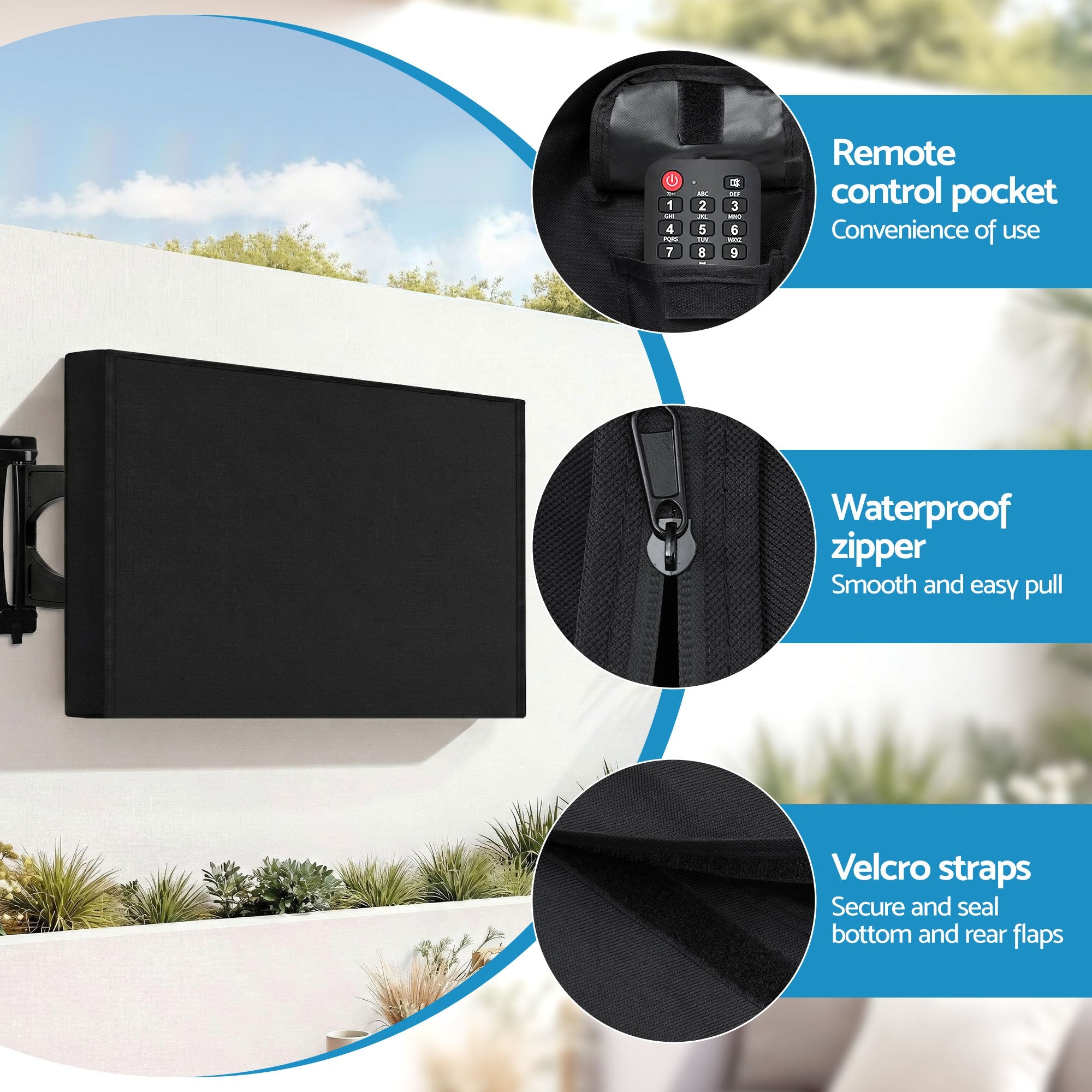 Artiss waterproof TV cover with remote pocket, waterproof zipper, and Velcro straps.