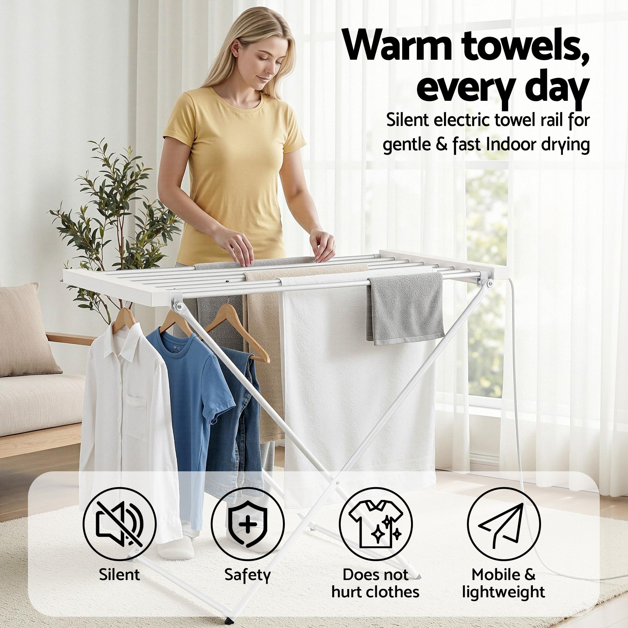 Devanti Heated Towel Rail Electric Clothes Airer Foldable Drying Rack 8 Bars