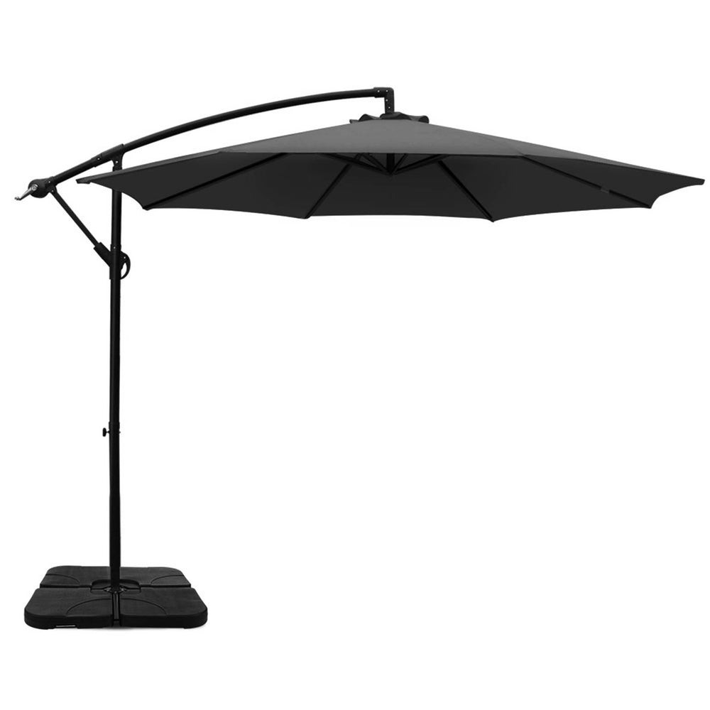 Charcoal cantilever patio umbrella with open canopy and square base plate