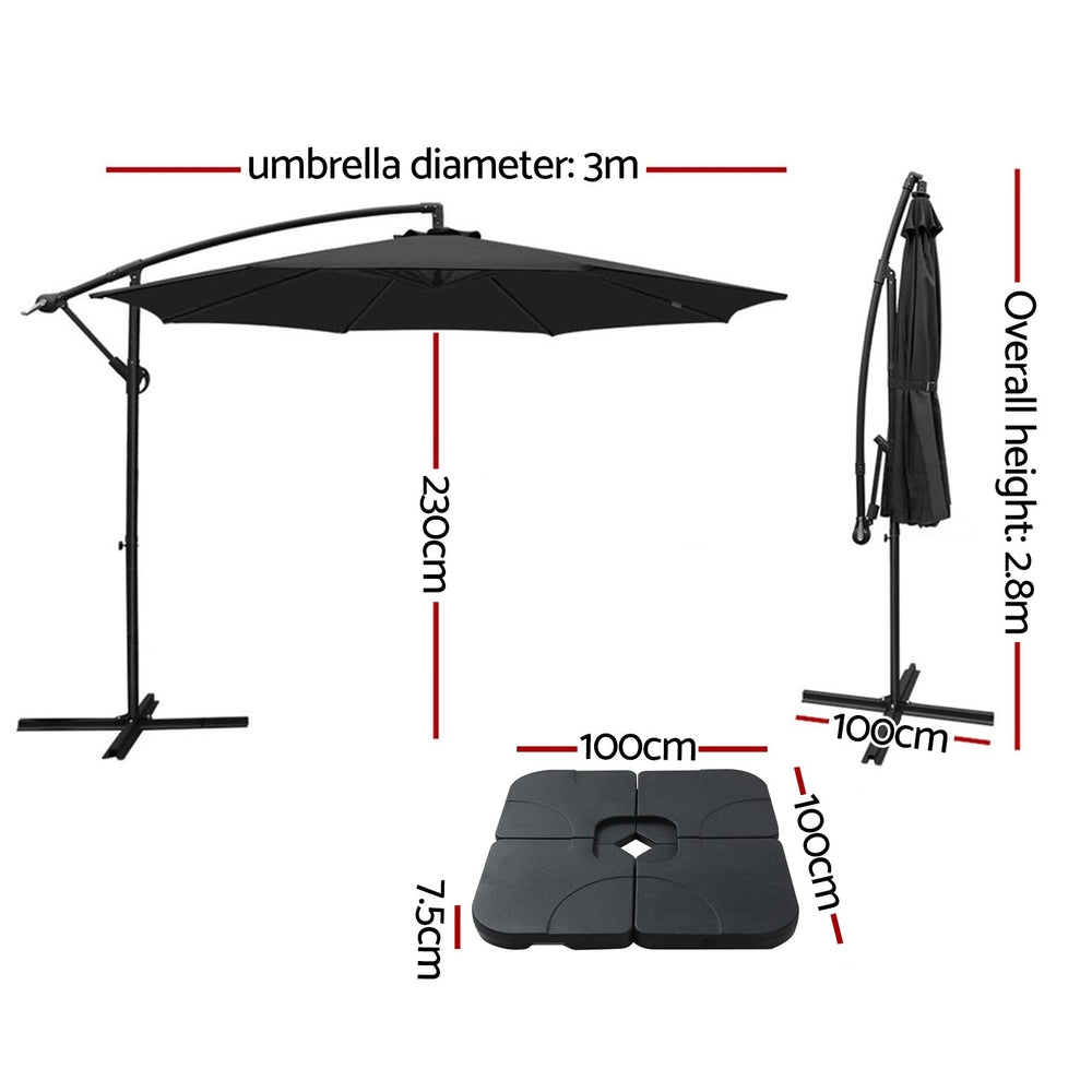 Charcoal cantilever patio umbrella, 3m canopy with base and side cover shown