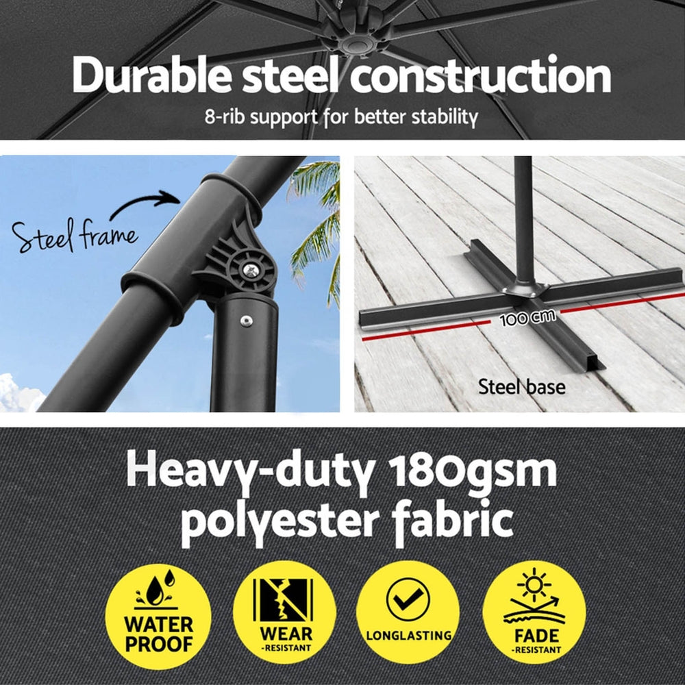 Steel-frame cantilever patio umbrella with dark base and canopy ribs