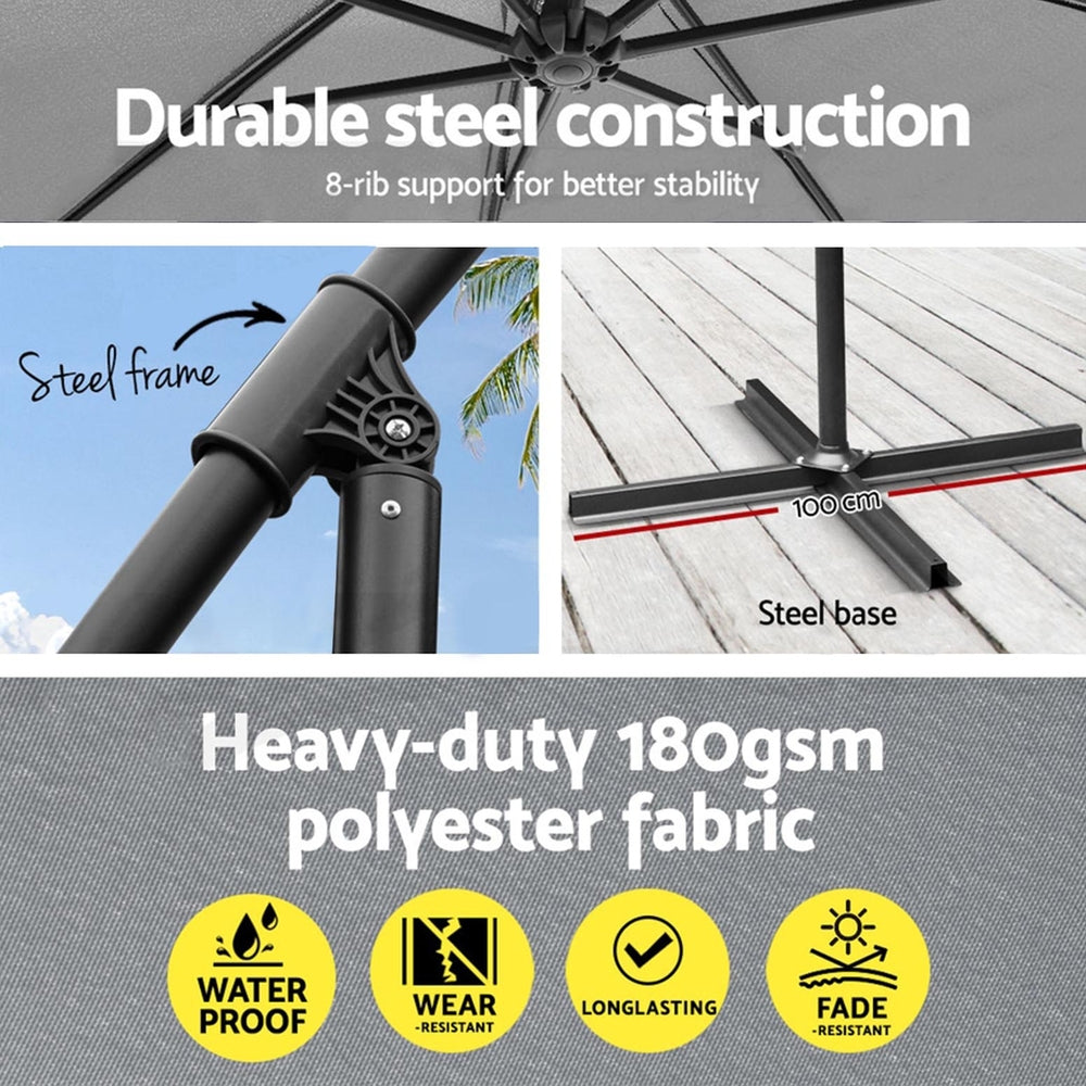 Grey cantilever umbrella showing black steel frame joints and polyester canopy