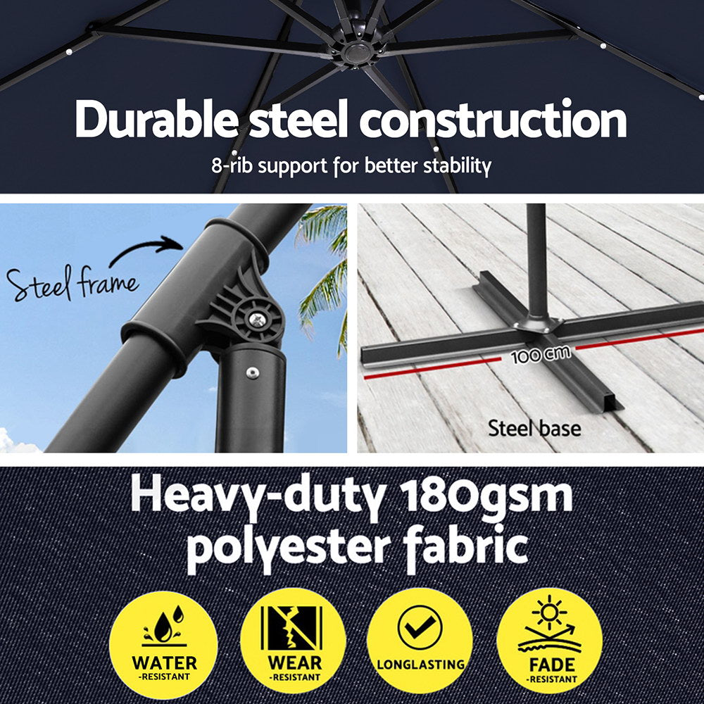 Cantilever umbrella with black steel frame and sturdy polyester fabric