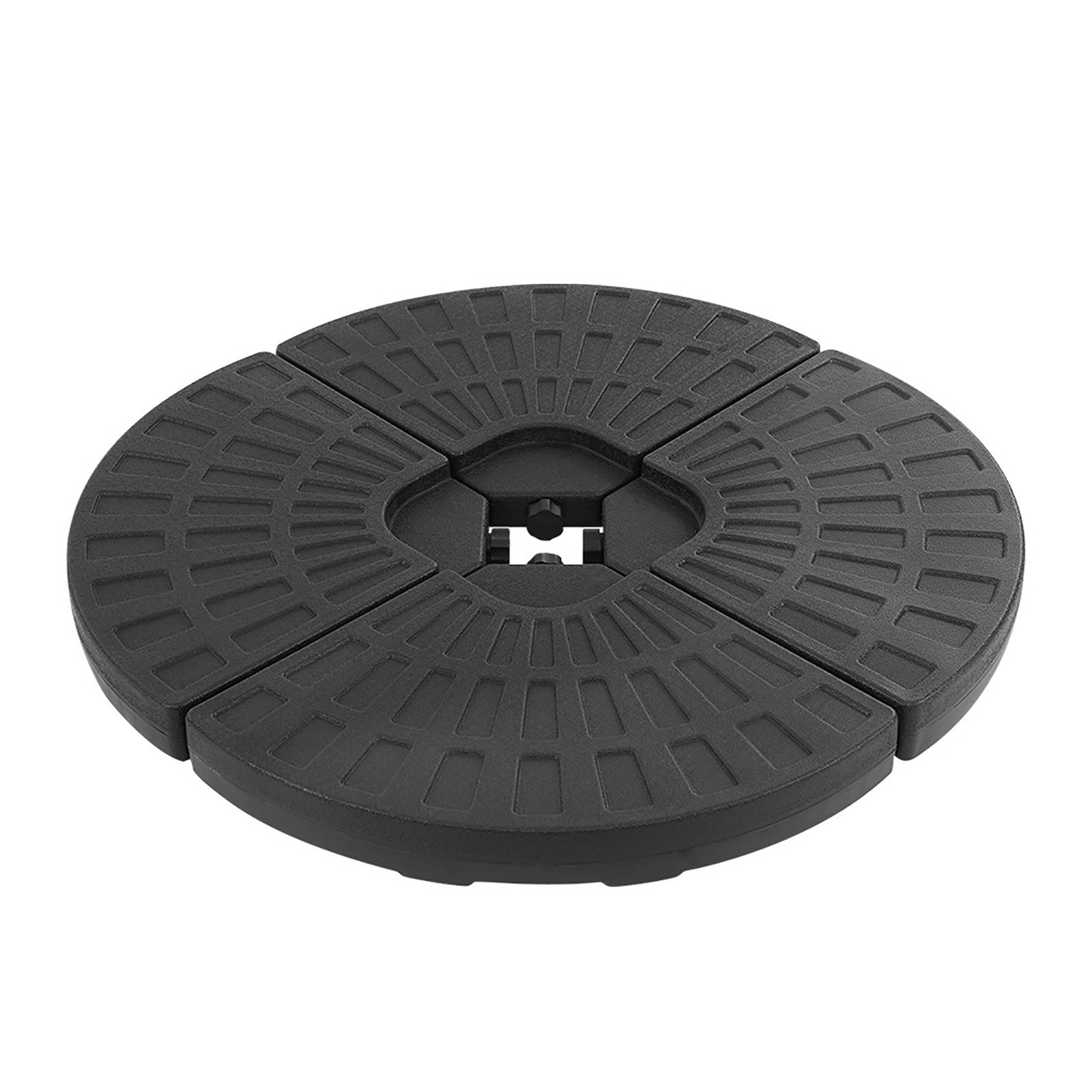 Round black umbrella base disk with textured grip pattern