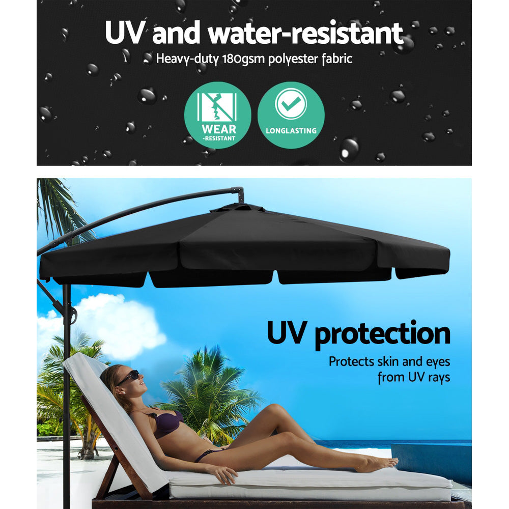 Black cantilever outdoor umbrella canopy overhead