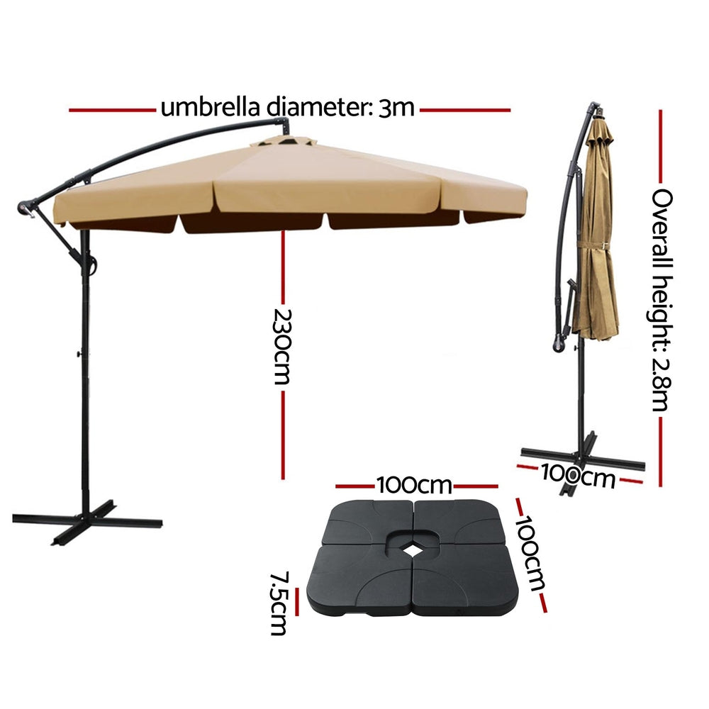 Beige cantilever umbrella with black frame, square base, and hanging cover