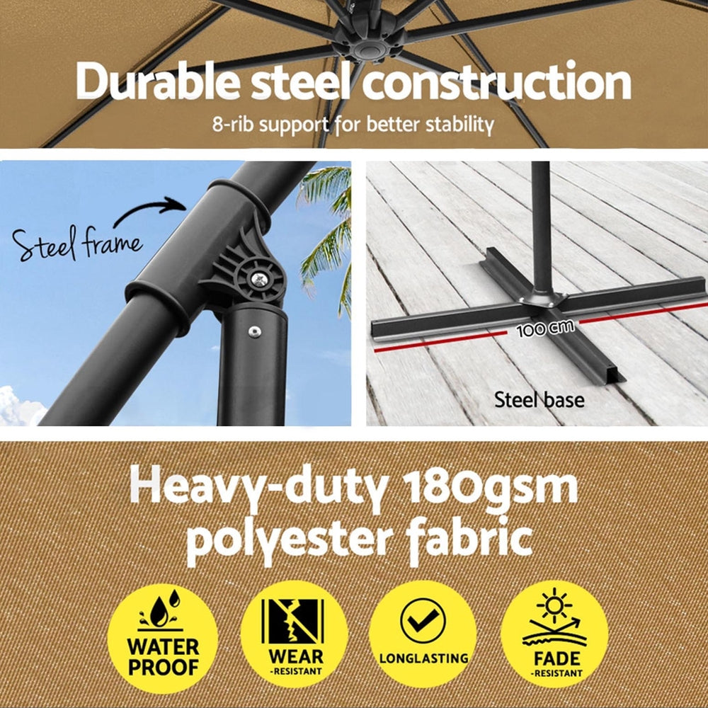 Black steel cantilever umbrella frame with steel base and beige canopy fabric