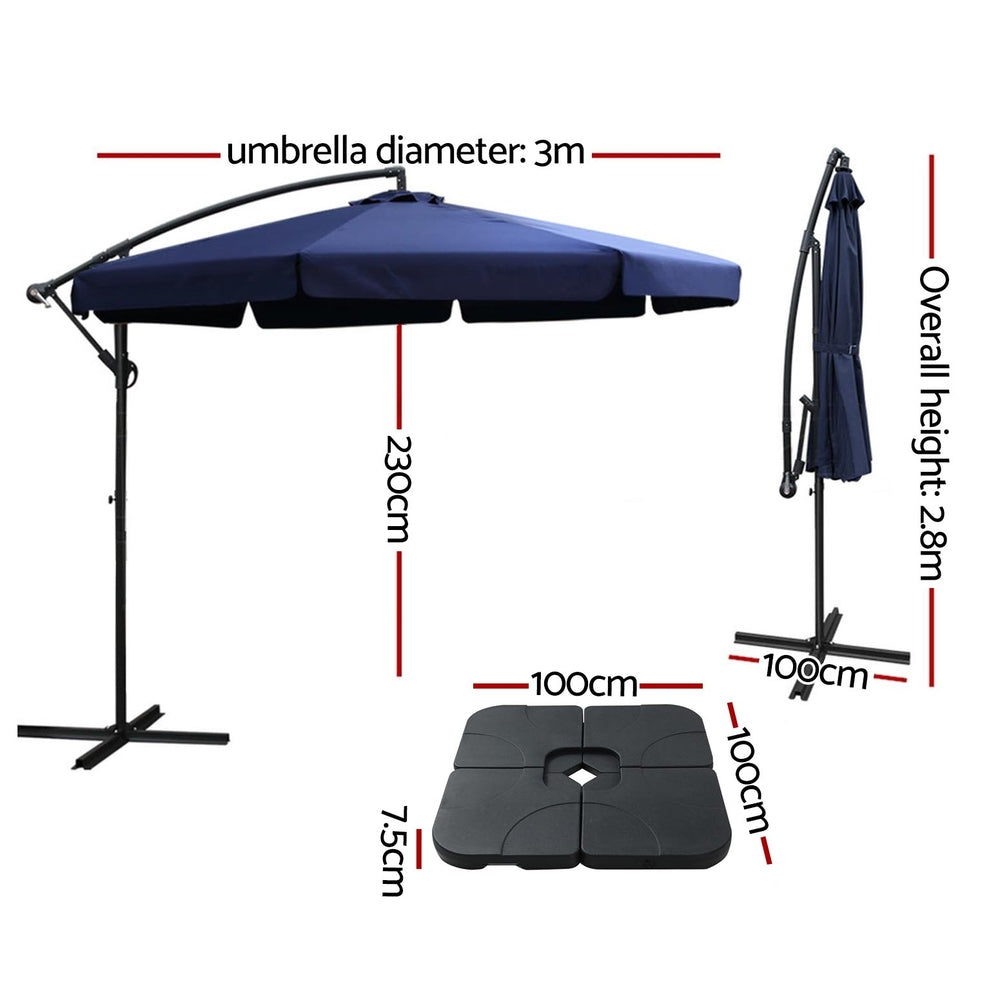 Navy cantilever umbrella with arched arm and square base, canopy angled for shade