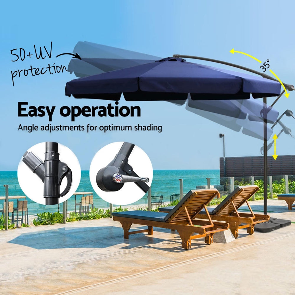 Navy cantilever umbrella with adjustable tilt and arched canopy overhang