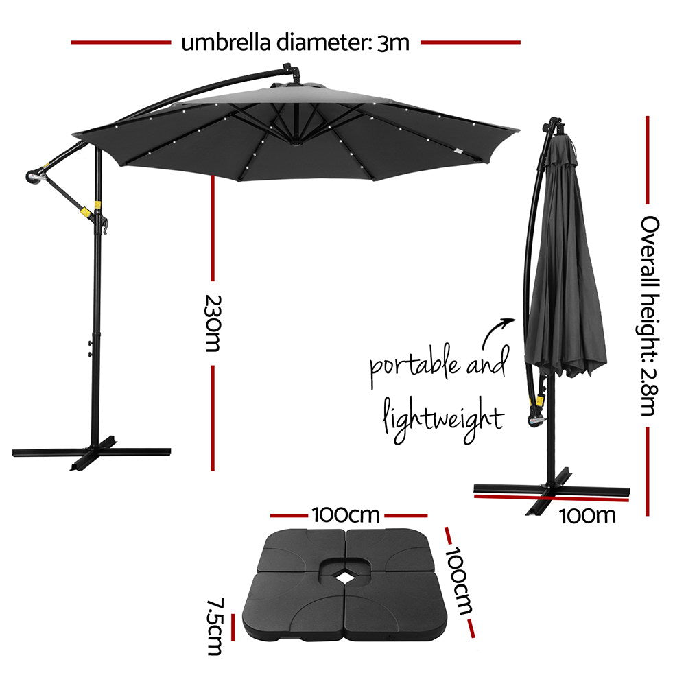 Charcoal cantilever umbrella with canopy, hanging cover, and square weighted base