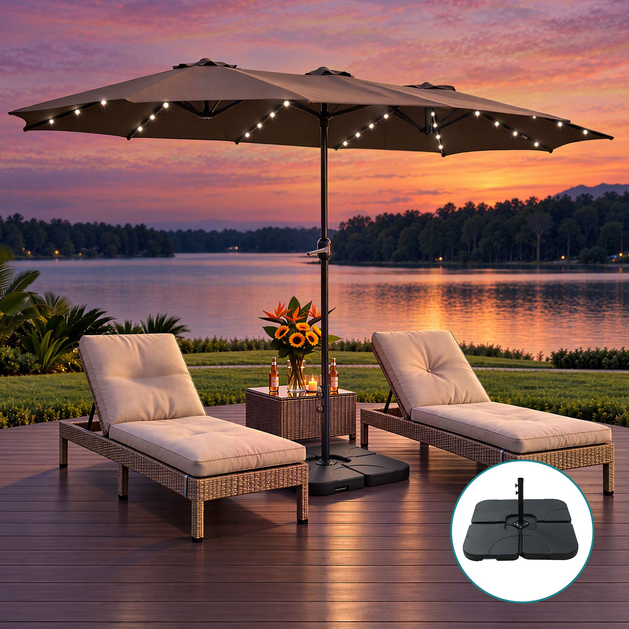 Instahut Outdoor Umbrella w/Base 4.57m Solar 48 LED Double-Sided Patio Parasol Brown Bedworld