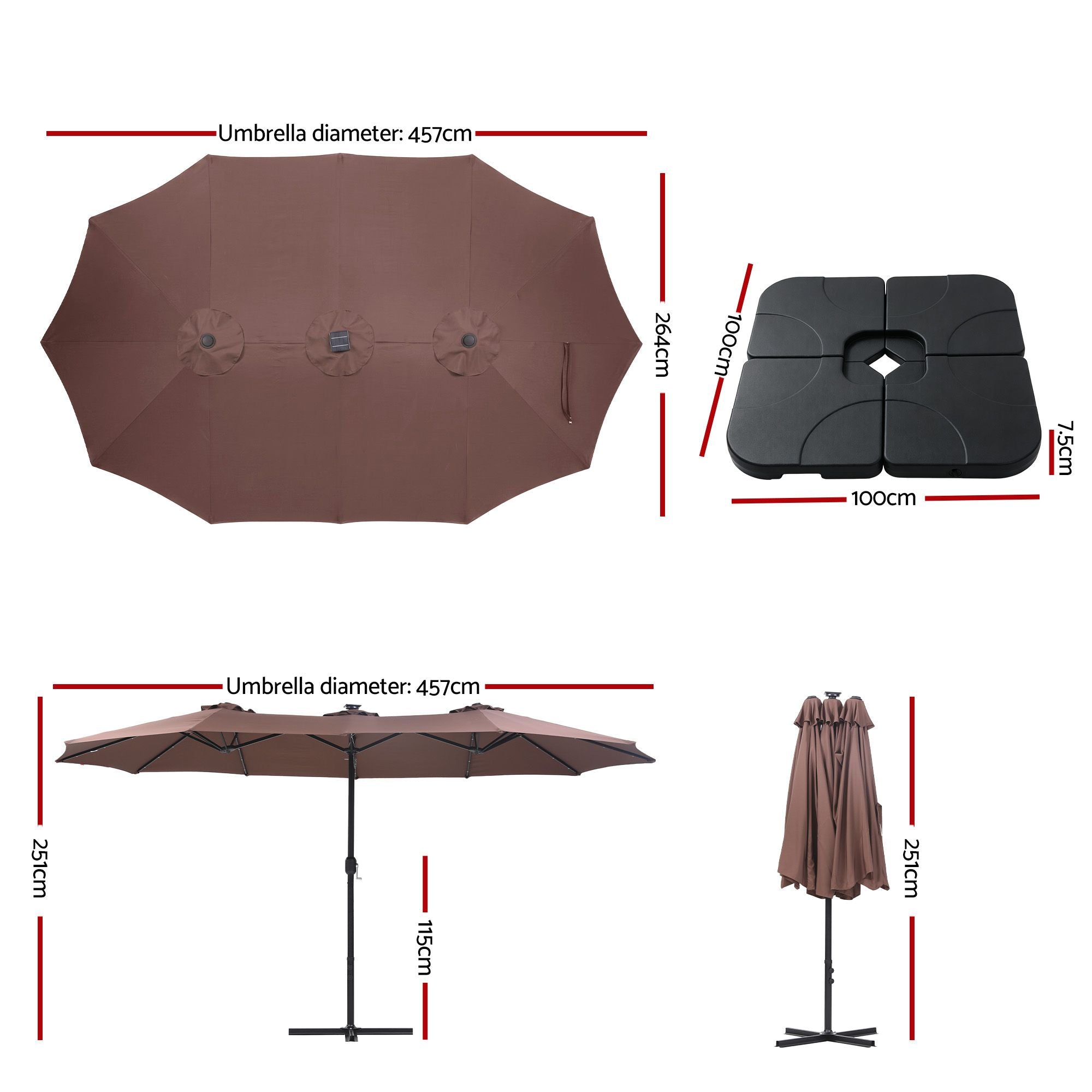 Instahut Outdoor Umbrella w/Base 4.57m Solar 48 LED Double-Sided Patio Parasol Brown Bedworld