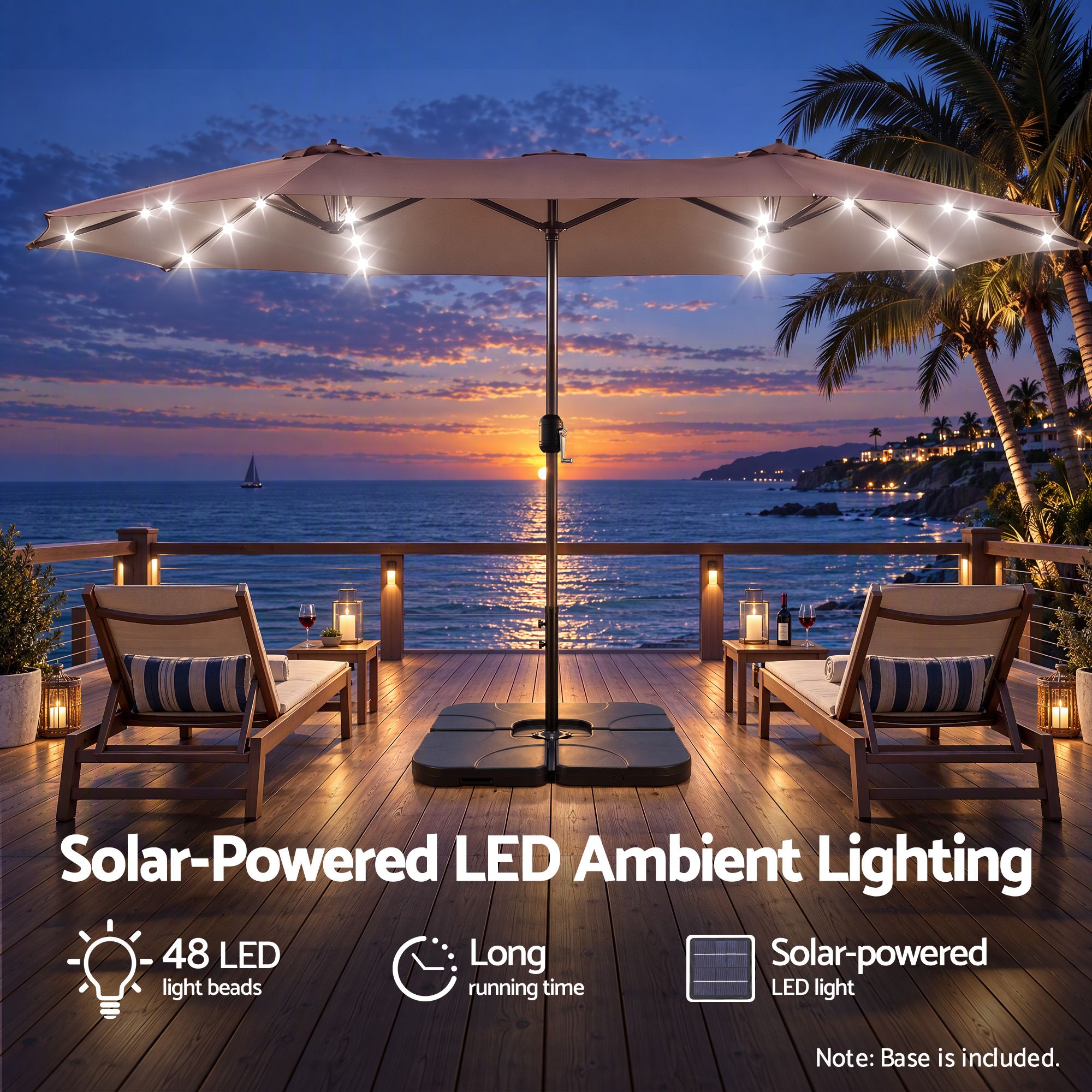 Instahut Outdoor Umbrella w/Base 4.57m Solar 48 LED Double-Sided Patio Parasol Brown Bedworld