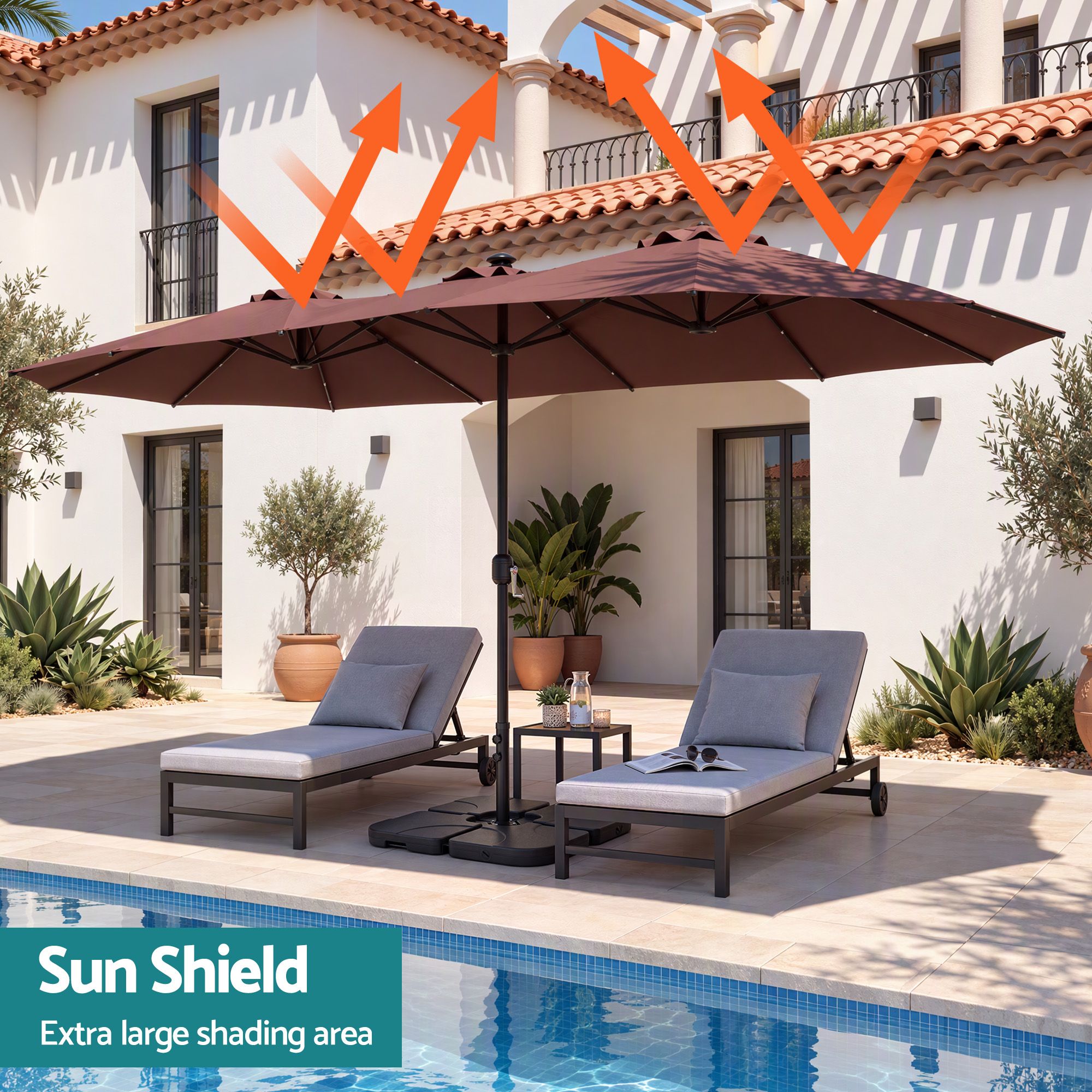 Instahut Outdoor Umbrella w/Base 4.57m Solar 48 LED Double-Sided Patio Parasol Brown Bedworld