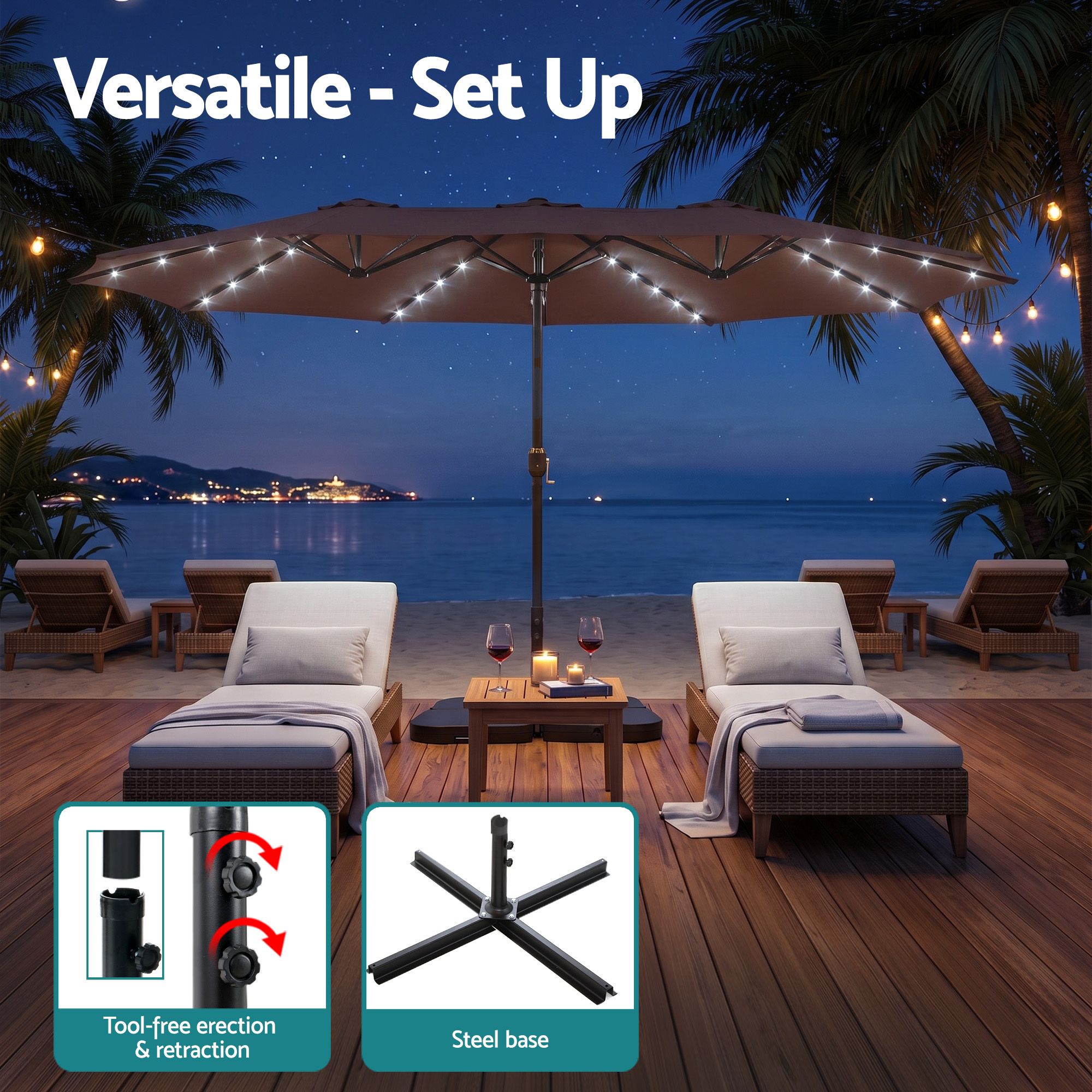 Instahut Outdoor Umbrella w/Base 4.57m Solar 48 LED Double-Sided Patio Parasol Brown Bedworld