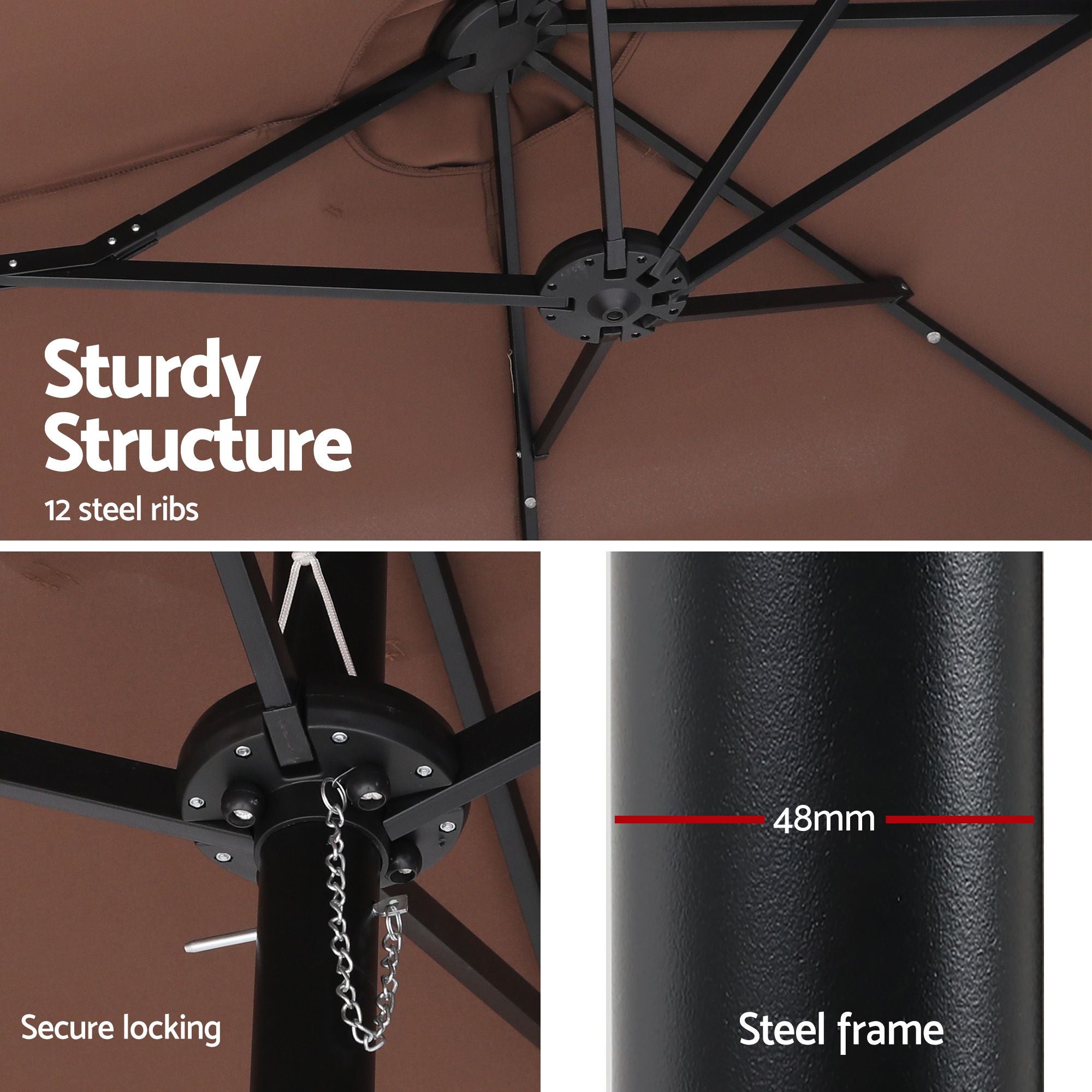 Instahut Outdoor Umbrella w/Base 4.57m Solar 48 LED Double-Sided Patio Parasol Brown Bedworld