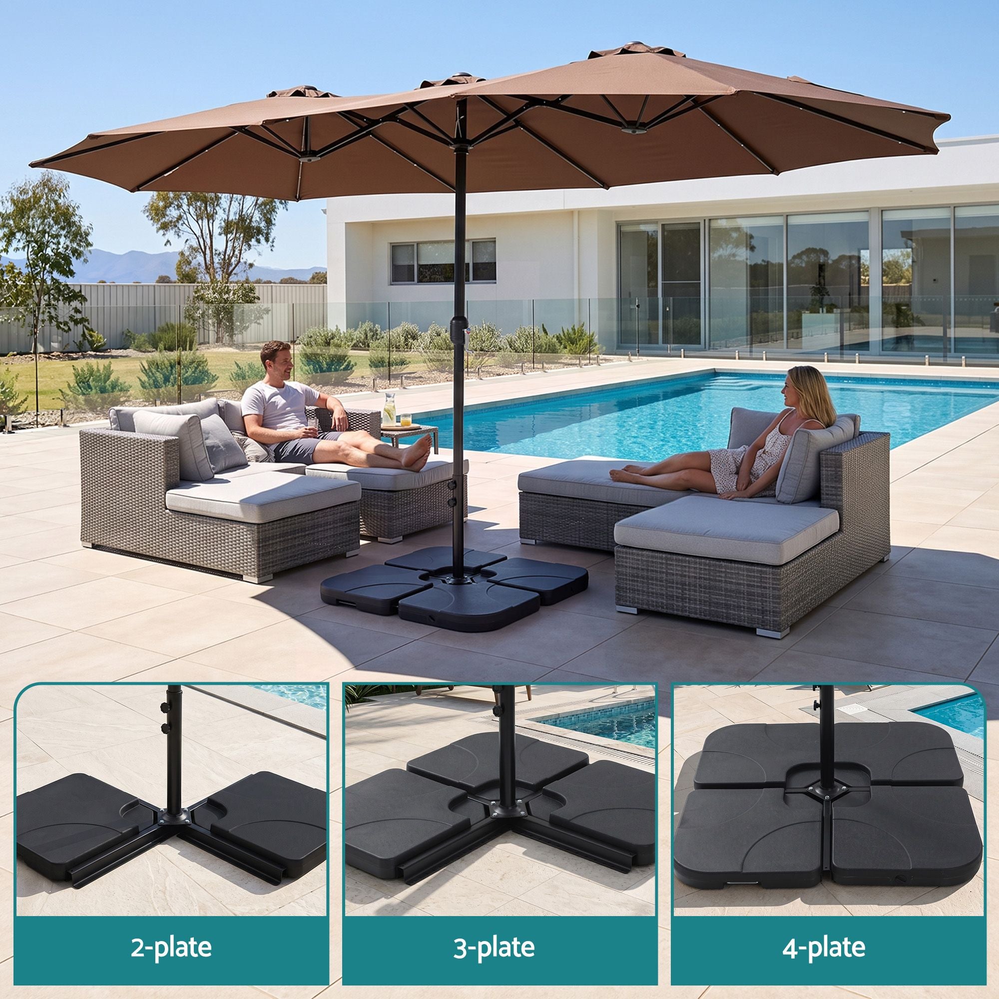 Instahut Outdoor Umbrella w/Base 4.57m Solar 48 LED Double-Sided Patio Parasol Brown Bedworld