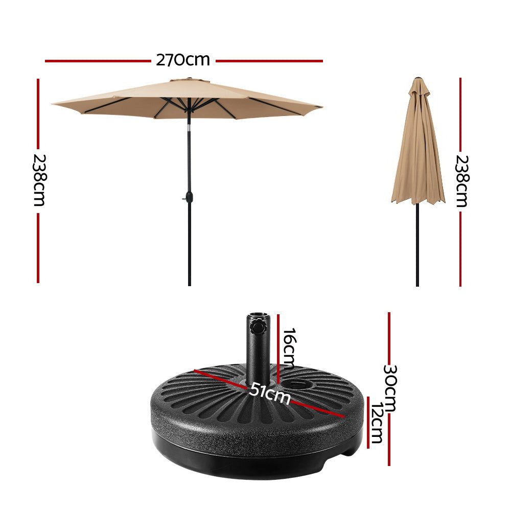 Beige patio umbrella with height and base size markings shown