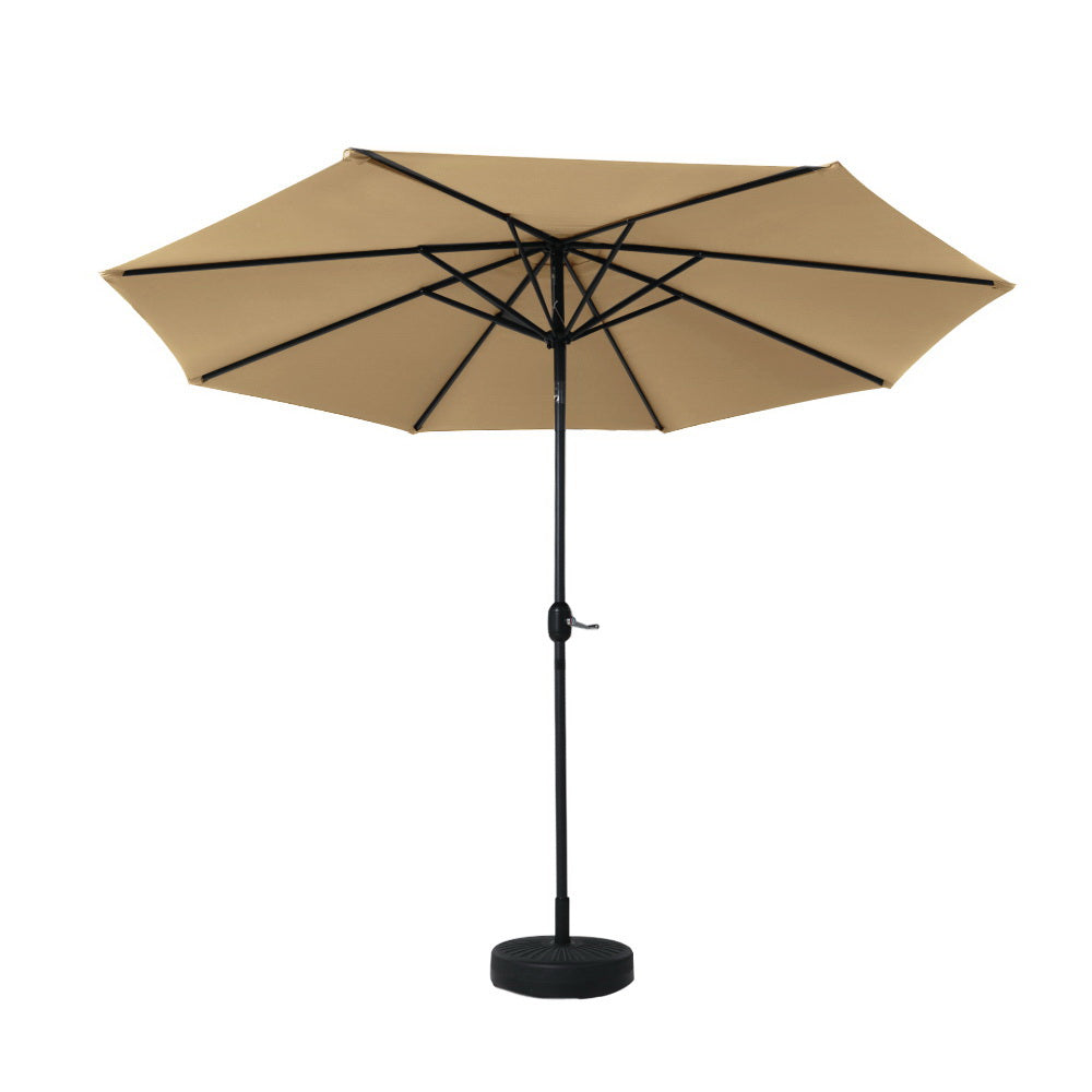 Beige outdoor umbrella with open canopy and black center pole