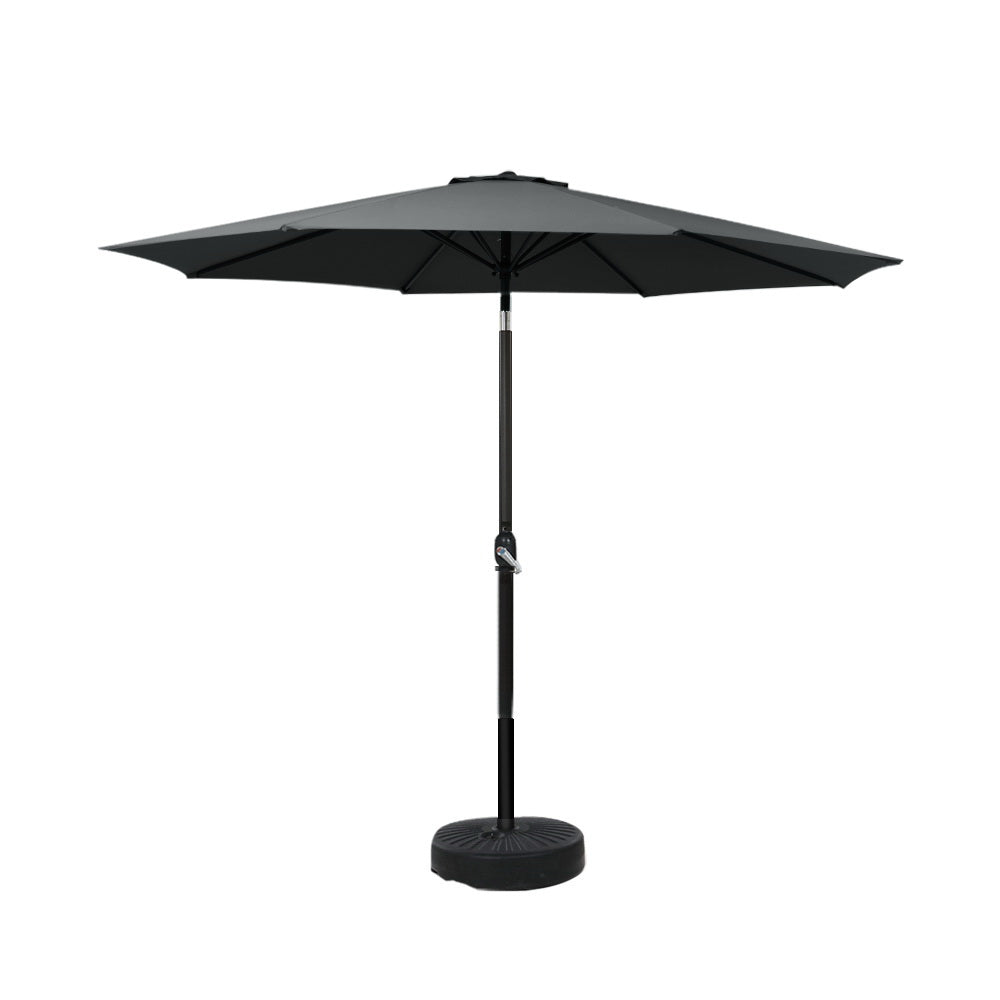 Black tilt outdoor umbrella with canopy and central pole on round base