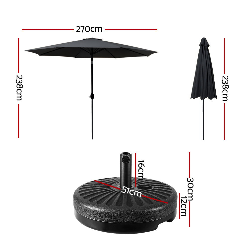 Black patio umbrella showing canopy span and round weighted base