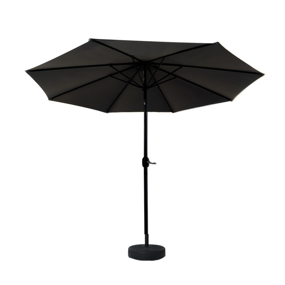 Black tilt patio umbrella with open canopy and central pole