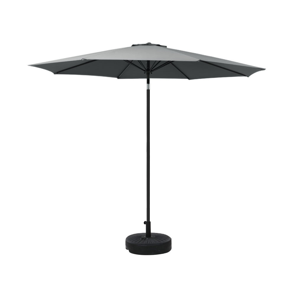 Charcoal outdoor patio umbrella with open canopy and round weighted base stand