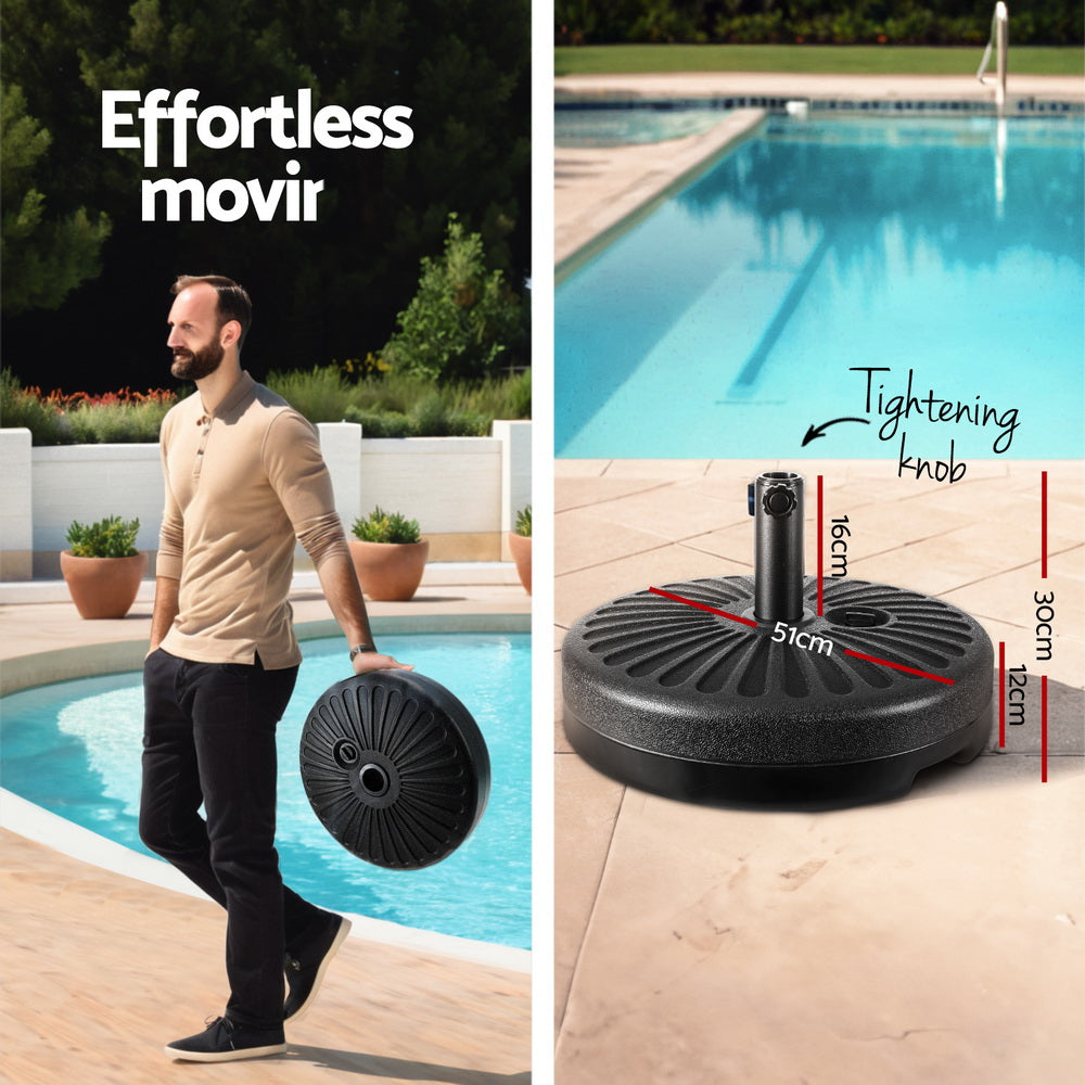 Charcoal umbrella base with tightening knob and round weighted plate on pole