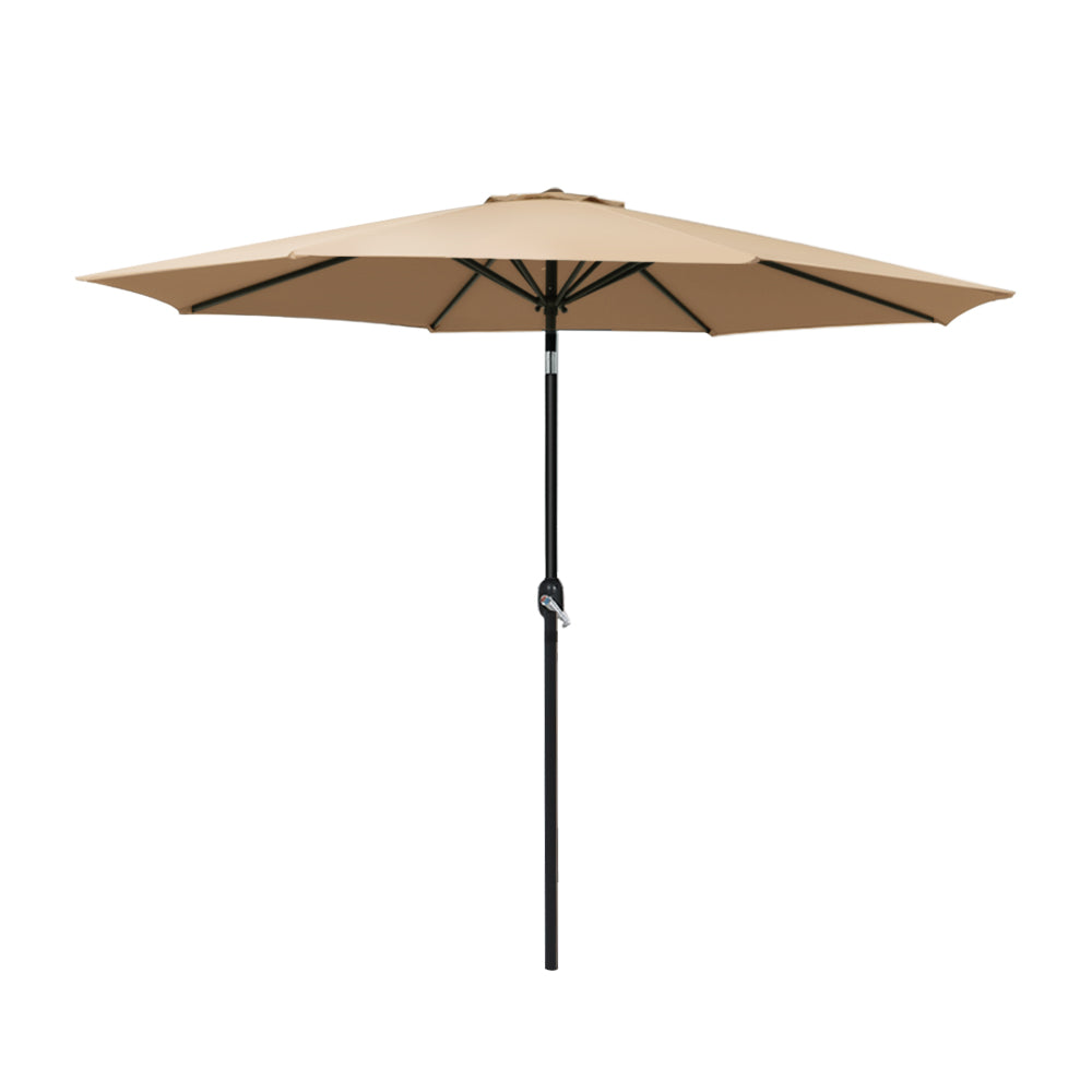 Outdoor umbrella with beige canopy and black center pole