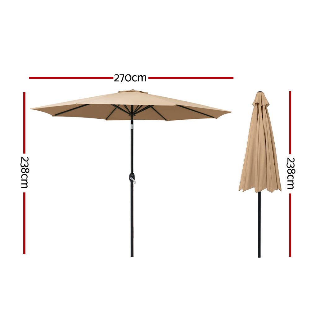 Outdoor umbrella with beige canopy, black pole, and matching cover