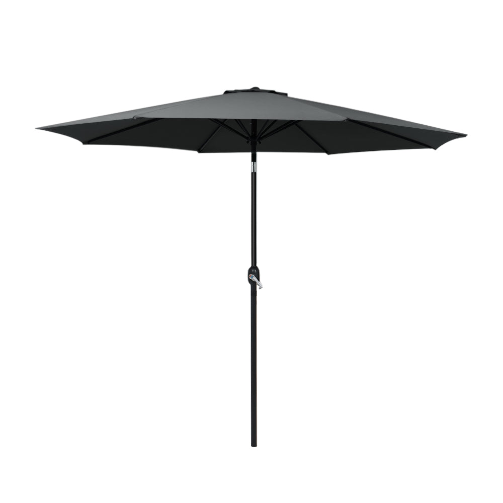 Black outdoor umbrella with canopy and central pole, open