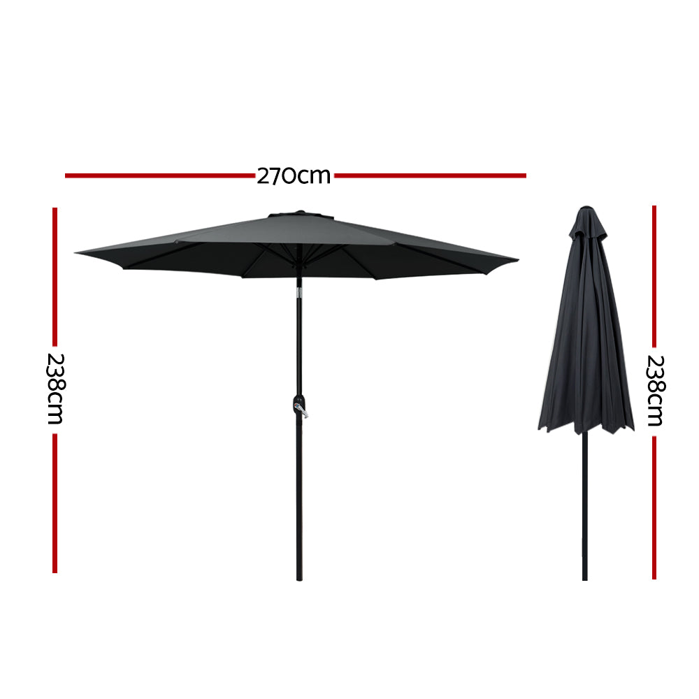 Black outdoor umbrella with central pole, side view with height markings