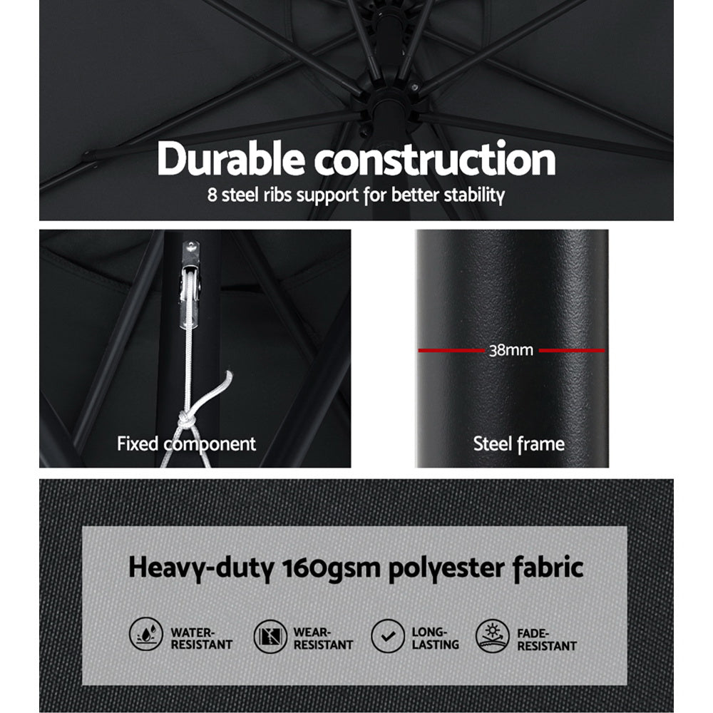 Black umbrella canopy with steel ribs and central hub, close-up
