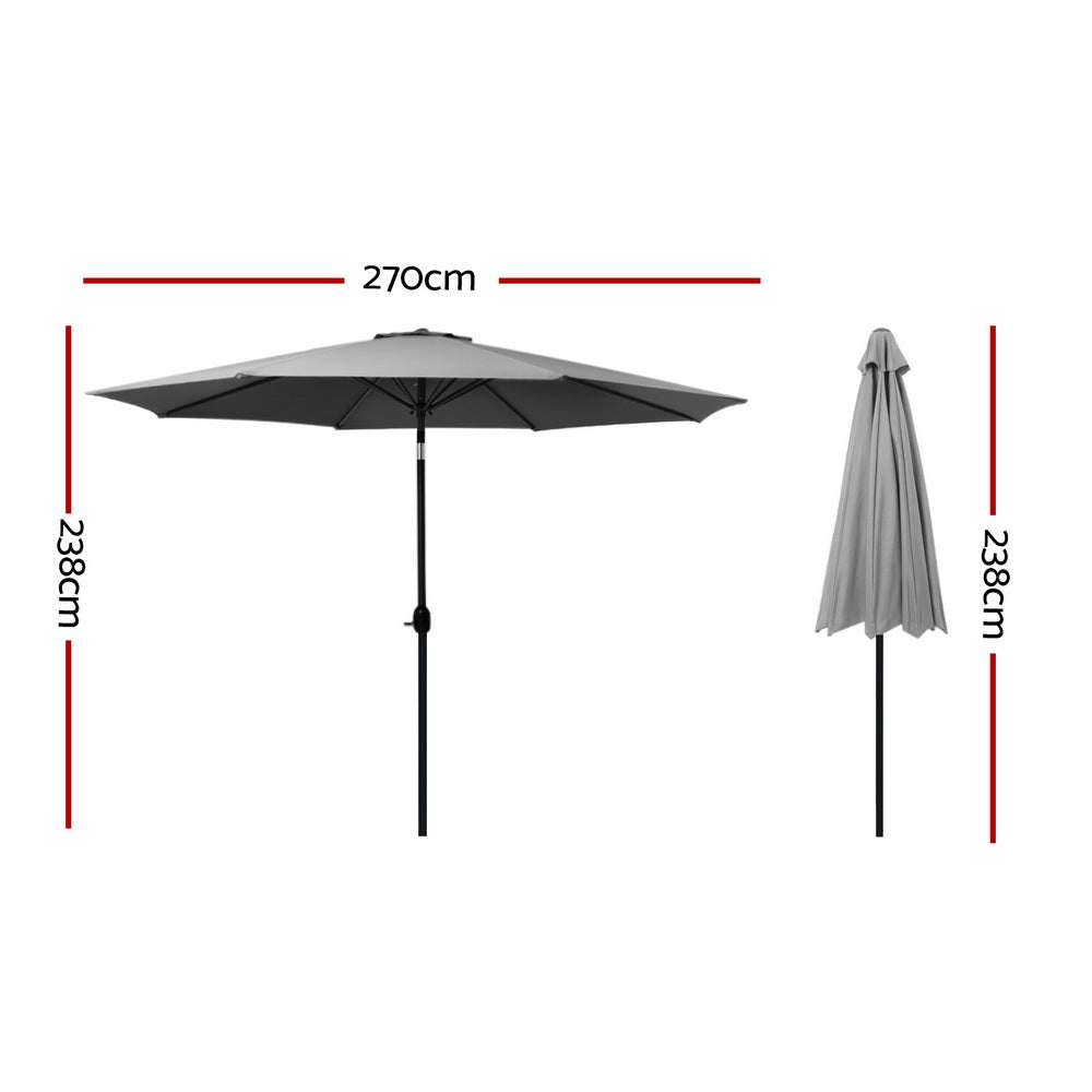 Charcoal outdoor tilt umbrella with open canopy; side view with hanging cover