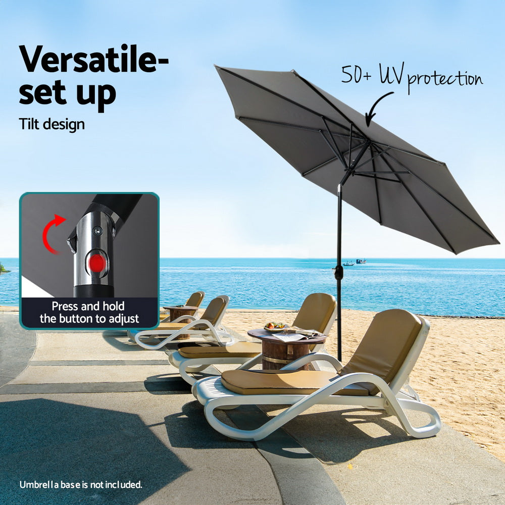Charcoal outdoor tilt umbrella with open canopy and central black pole