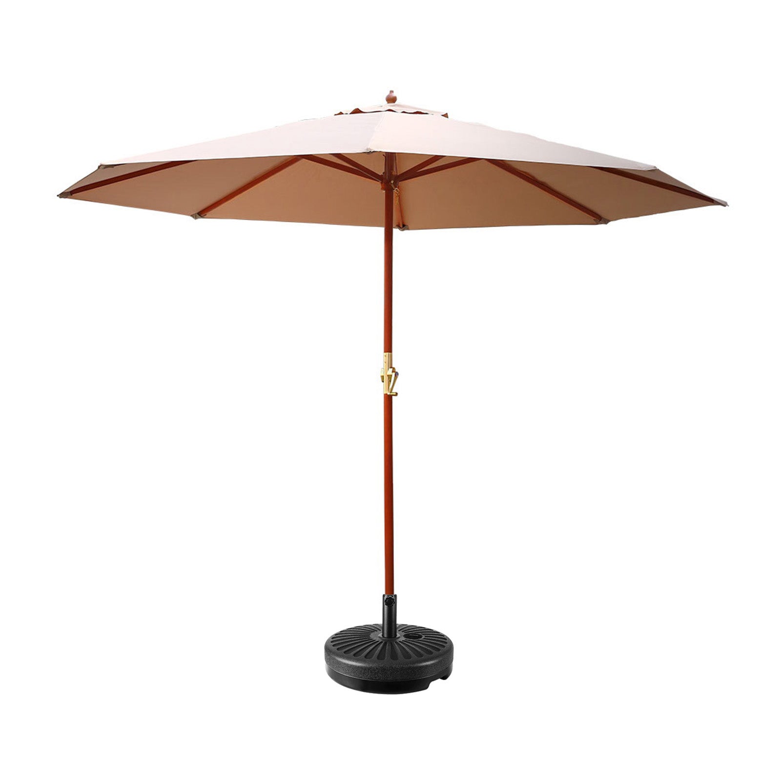 Beige outdoor umbrella canopy with wooden pole and black weighted base