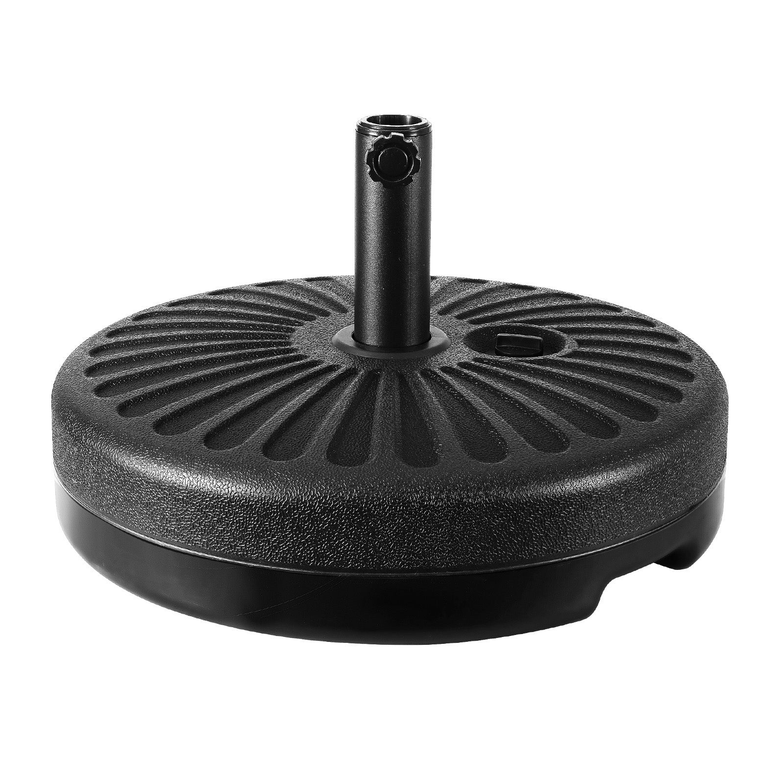 Black round umbrella base with central pole insert and ridged surface