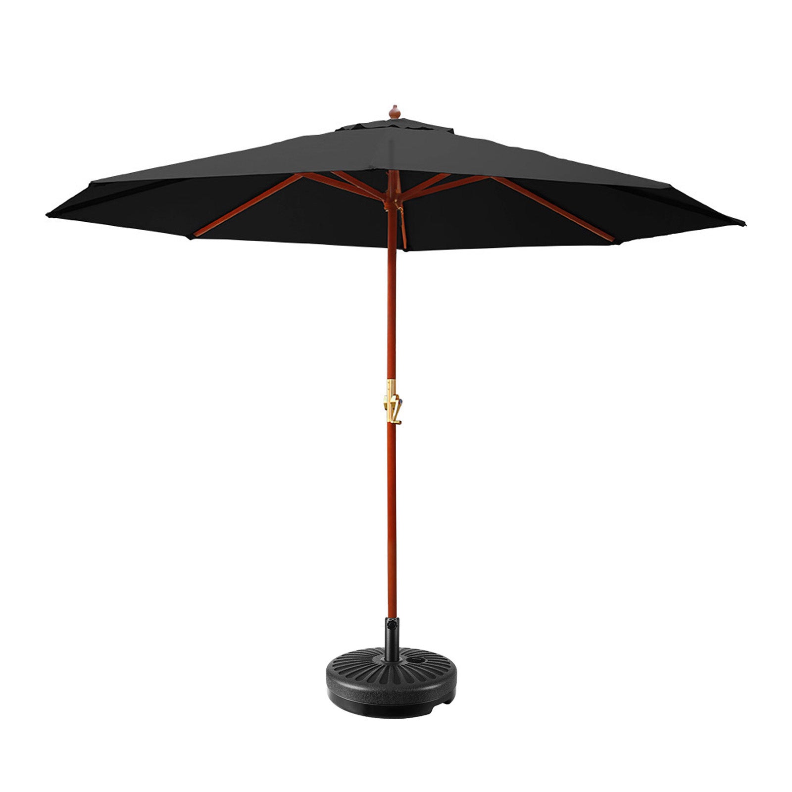 Black outdoor patio umbrella with orange pole and cross-braced frame