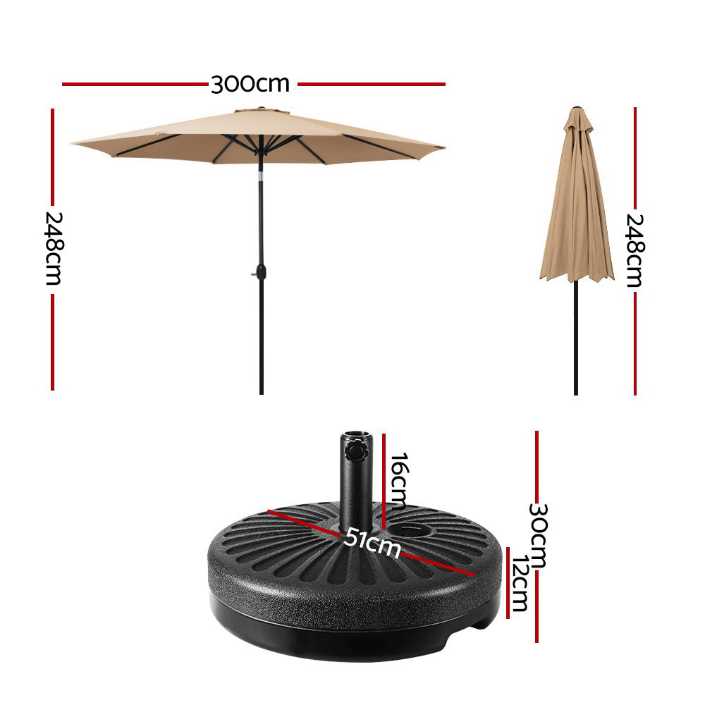 Beige patio umbrella with black pole and round weighted base, flat top view