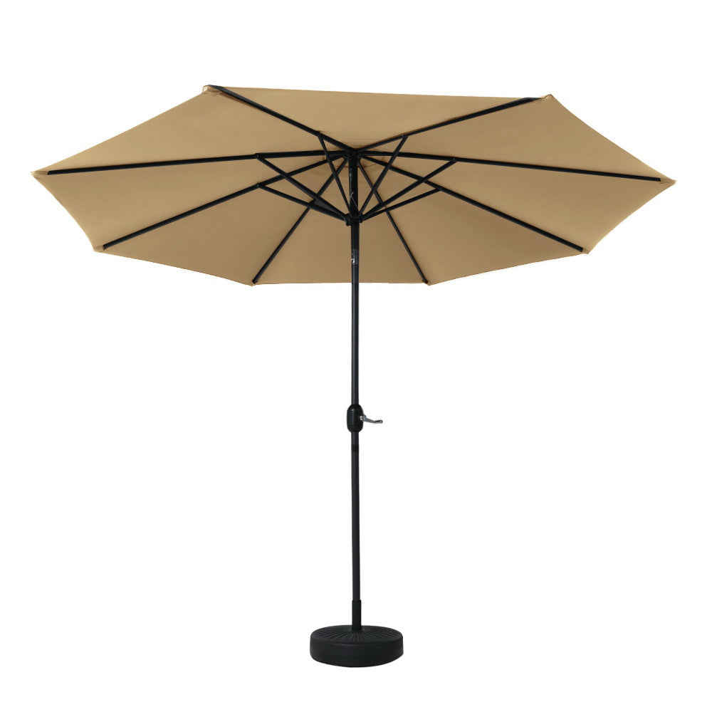 Beige tilting umbrella with black pole and small round base